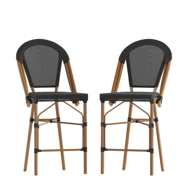 Flash Furniture Marseille Set of 2 Stackable Indoor/Outdoor French Bistro 26" High Counter Height Stools, Commercial Grade, Black and Bamboo Finish