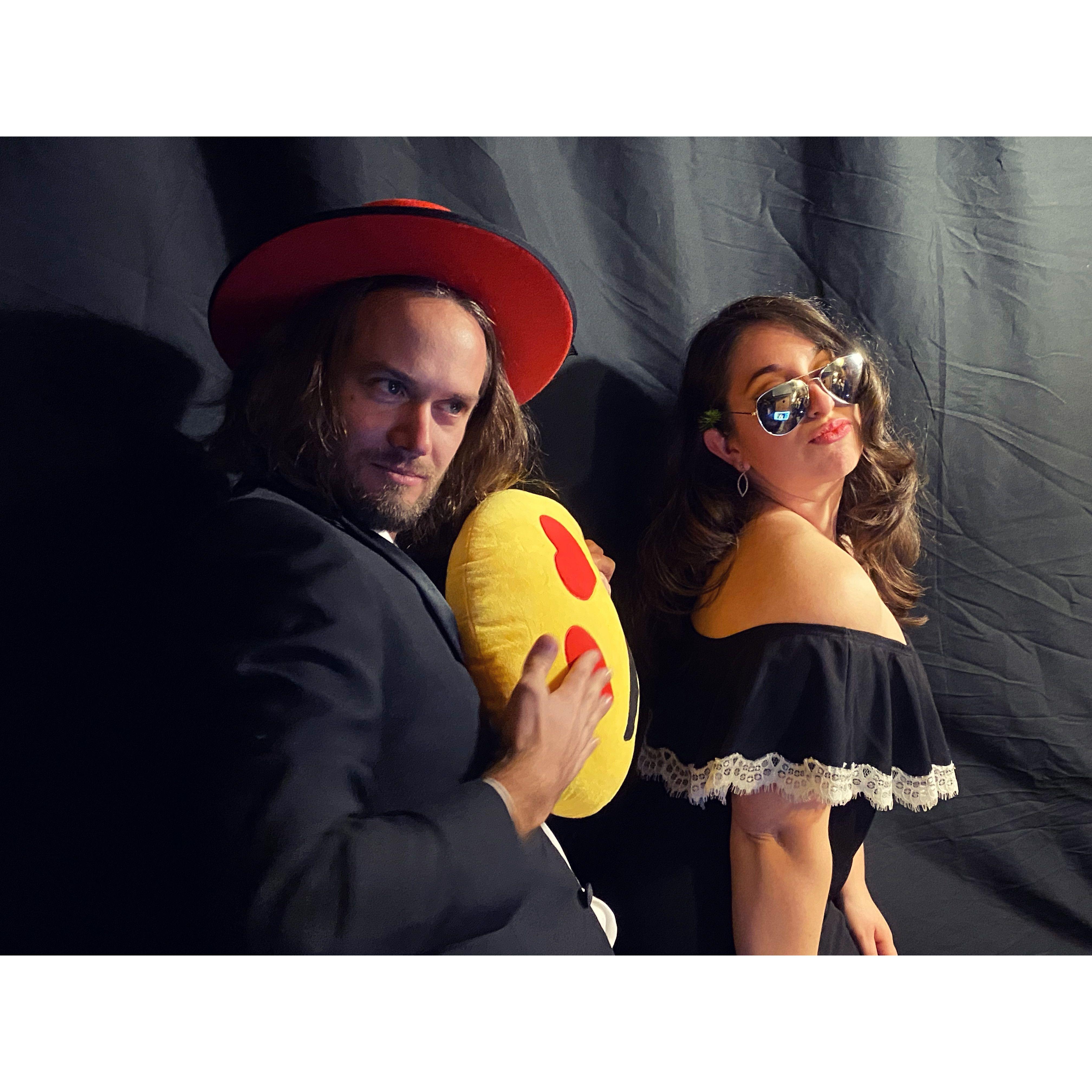 Posing for a photo op with some goofy props at Bob McKellar and Rachel Leggett's wedding in December 2021