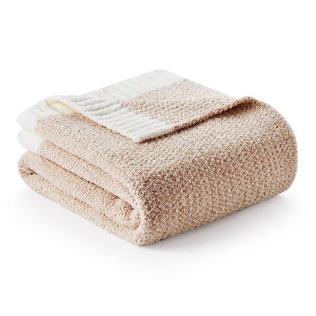 Snuggle Sac Heather Tan Throw Blanket for Couch, Reversible Throw Blanket Warm Cozy Knit Fuzzy Plush Lightweight for Sofa, Bed, Camping, Picnic, 50 x 60 inch