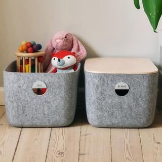 Large Felt Storage Bin with Wood Lid, Set of 2