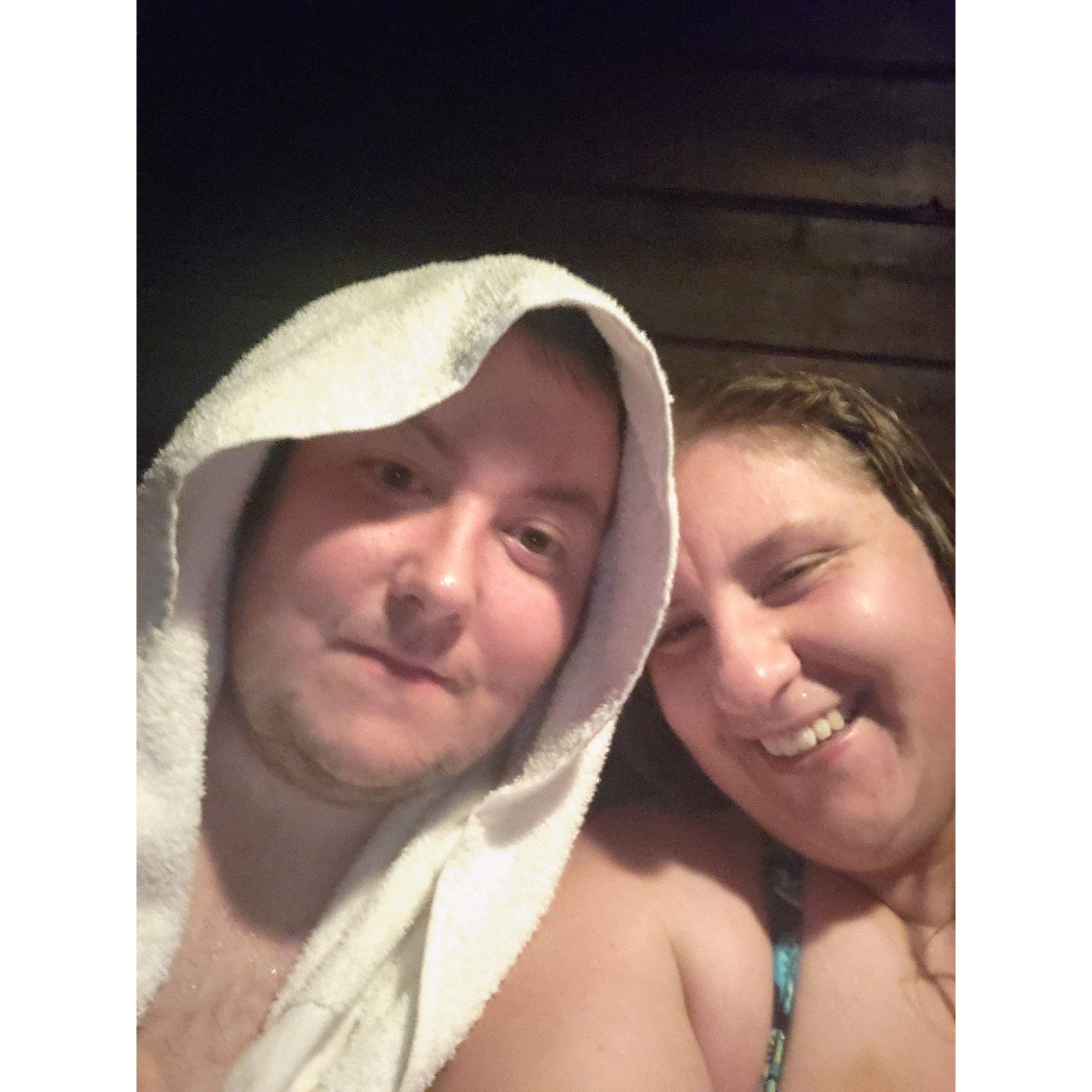 Being silly at the sauna.