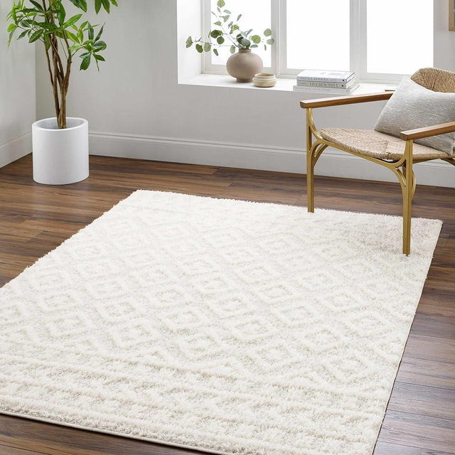 Hauteloom Tilos Moroccan Farmhouse Living Room Bedroom Nursery Shag Area Rug - Shaggy Carpet - Trellis Pattern - High Plush Pile - Cream, Pink, Beige - 7'10" x 10'