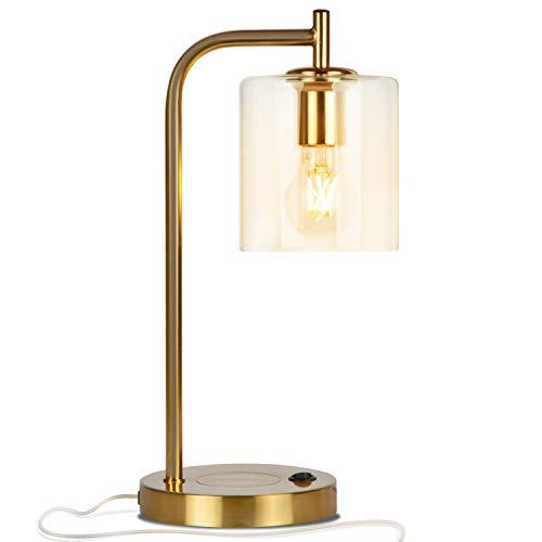 Brightech - Elizabeth LED Desk Lamp with Wireless Charging Pad and USB Port – Midcentury Industrial Table Light for Living Room, Office, Bedroom - Hanging Glass Shade - LED Bulb - Brass Gold Color