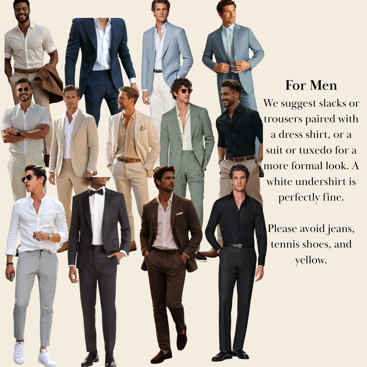 Para hombres: Recomendamos pantalón y camisa de vestir, o traje/esmoquin para un look más formal. Es válida la camisa blanca. Eviten jeans, calzado deportivo y el color amarillo.