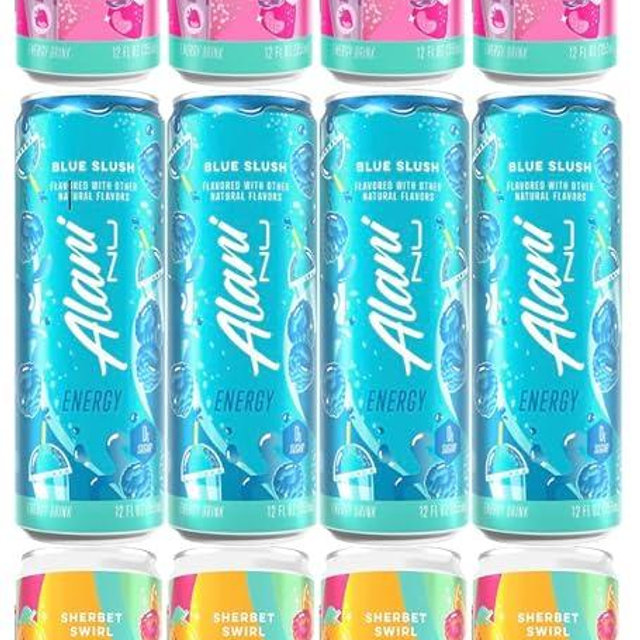 Alani Energy Drink Variety Pack - Blue Slush, Pink Slush, and Sherbet Swirl - 12 Pack Gift Basket
