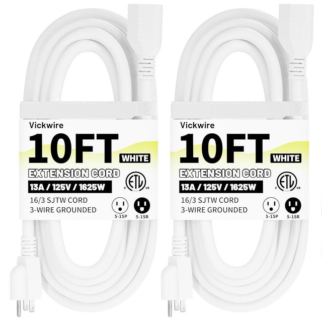 16/3 White Indoor Outdoor Extension Cord 10 Ft 2 Pack Waterproof, Heavy Duty Extension Cord with 3 Prong Grounded Plug,13A 1625W 16AWG SJTW, Flexible Weatherproof Power Cable