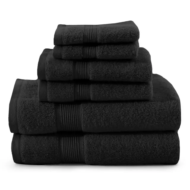 Set of 6 Bath Towels 100% Cotton Zero Twist Super Absorbent Bathroom Towels, Hand & Washcloths Pack by Lux Decor - Black