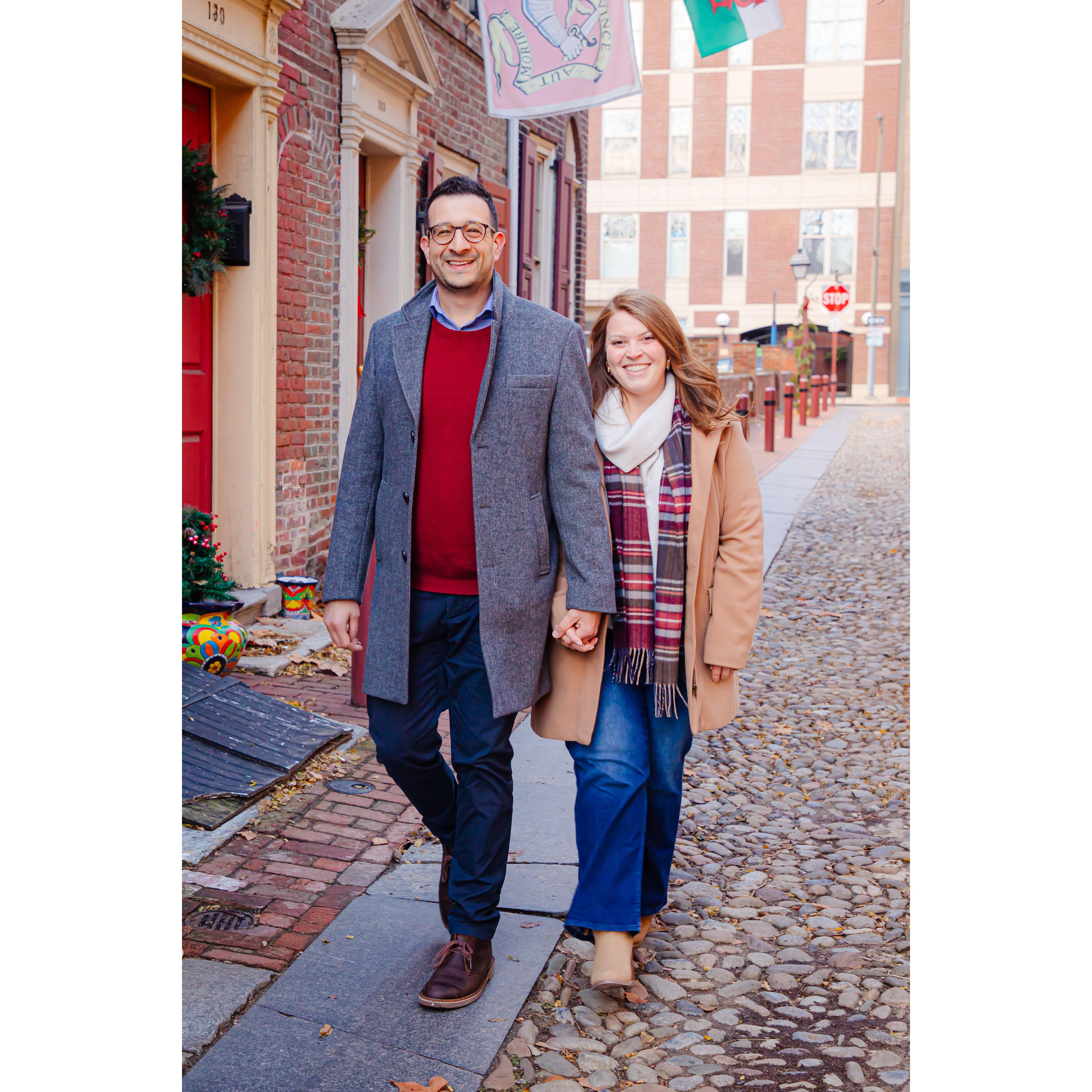 Engagement photos at Elfreth's Alley in Old City Philly 12.21.24