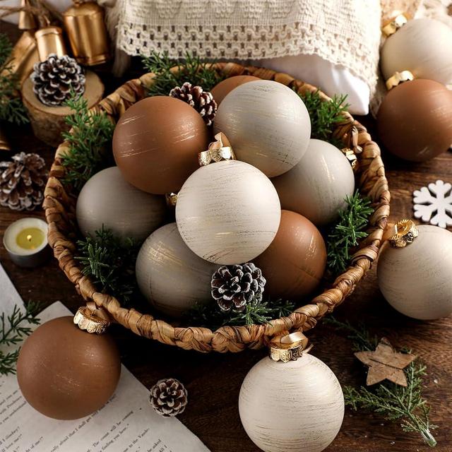 Yunlly 12 Pcs Textured Christmas Ball Ornaments 3.15 Inch Neutral Copper Xmas Ornaments Vintage Earth Toned Tree Decoration Rustic Farmhouse Hanging Christmas Decor for Xmas Tree Home Decor, Neutral