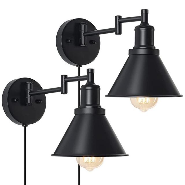 Plug in Wall Sconce, Swing Arm Wall Lamp, Black Vintage Industrial Wall Mounted Reading Light Fixture for Bedroom, Living Room, Doorway, Set of 2