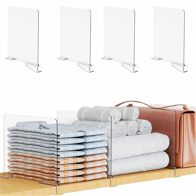 Yieach Adjustable Height Clear Shelf Dividers,4 Pack Acrylic Closet Shelf Dividers for Organization,11.1 Inch Tall Vertical Plastic Shelf Separators for Towel,Sweater,Towel Organizers and Bookshelf