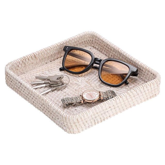 Hipiwe Key Basket for Entryway Table Handwoven Wicker Fruit Tray for Organizing Decor Rattan Serving Tray for Kitchen Living Room Bathroom, Whitewash