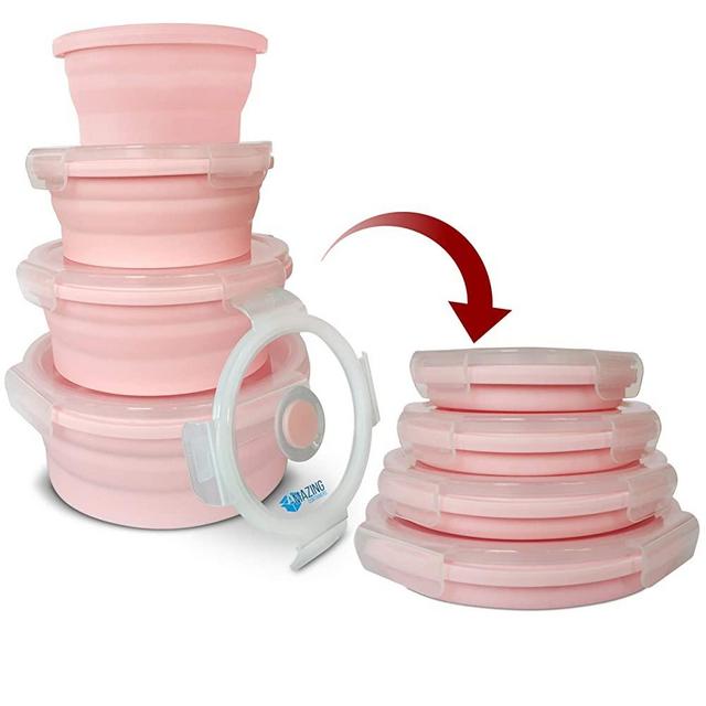 Silicone Collapsible Food Storage Container with Airtight Lid and Collapsible Mixing Bowls Meal Prep Round Lunch Box for Travel,Stackable & Space Saving,Microwave,Dishwasher and Freezer Safe (Pink)