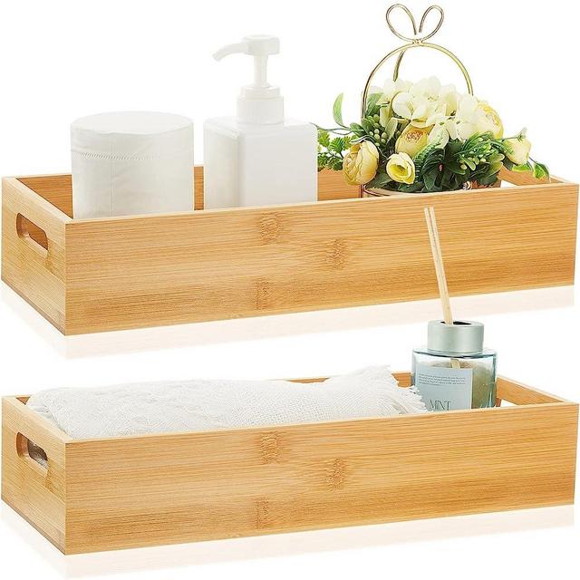 2 Pcs Bamboo Toilet Tank Tray Bathroom Trays Bamboo Bathroom Organizer Wood Toilet Paper Basket with Handles Bamboo Bathroom Box with 10 Pcs Silicone Non Slip Pad for Bathroom Accessories