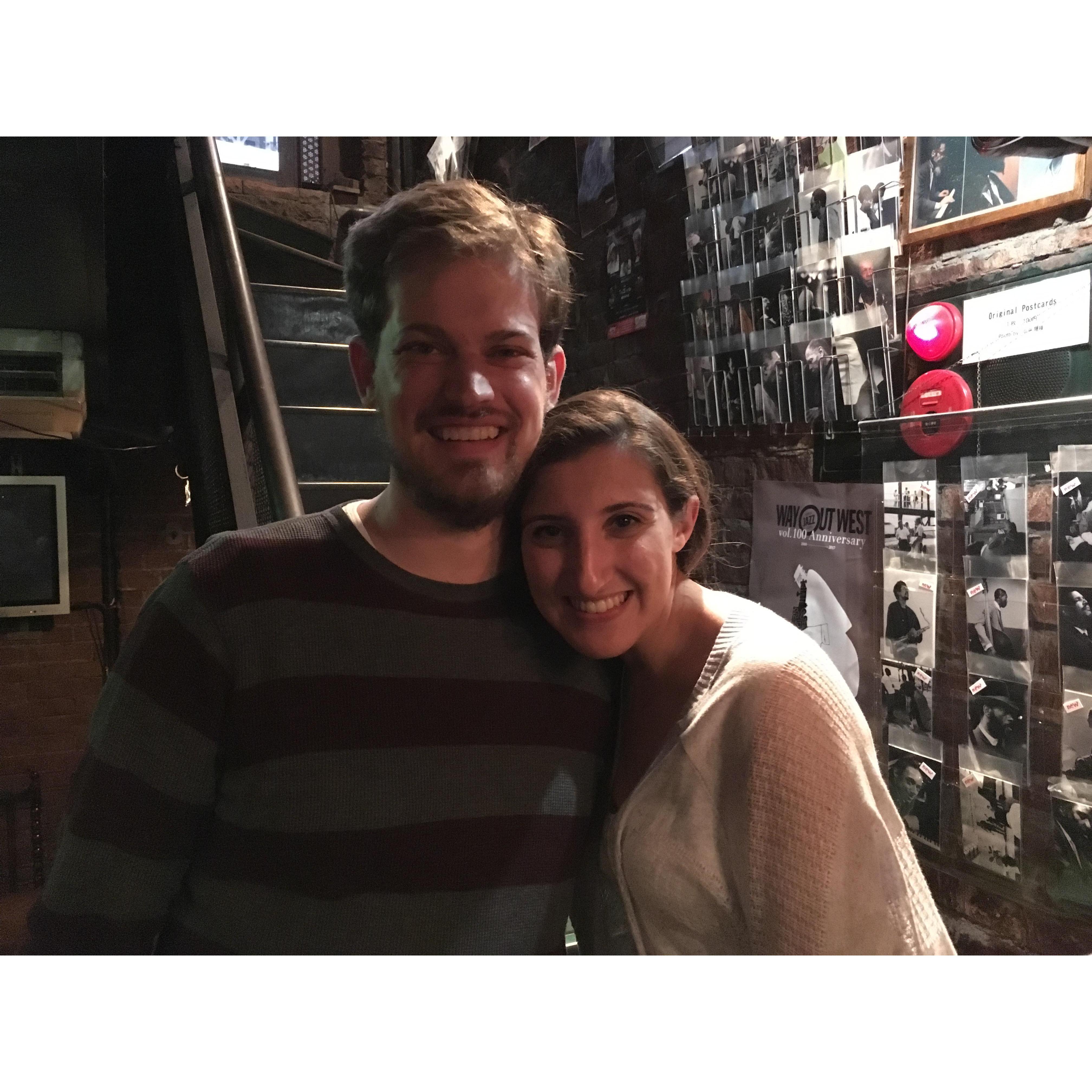 At a jazz bar in the Shinjuku district of Tokyo. We found it while randomly exploring in the middle of the night. We bonded over jazz with a couple of guys, communicating primarily with hand gestures.