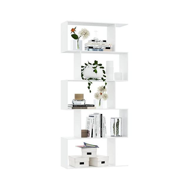 Yusong 5-Tier Geometric Bookcase, Tall Wood Bookshelf S Shaped Display Shelf, Narrow Room Divider Decorative Storage Shelves for Living Room Bedroom,White