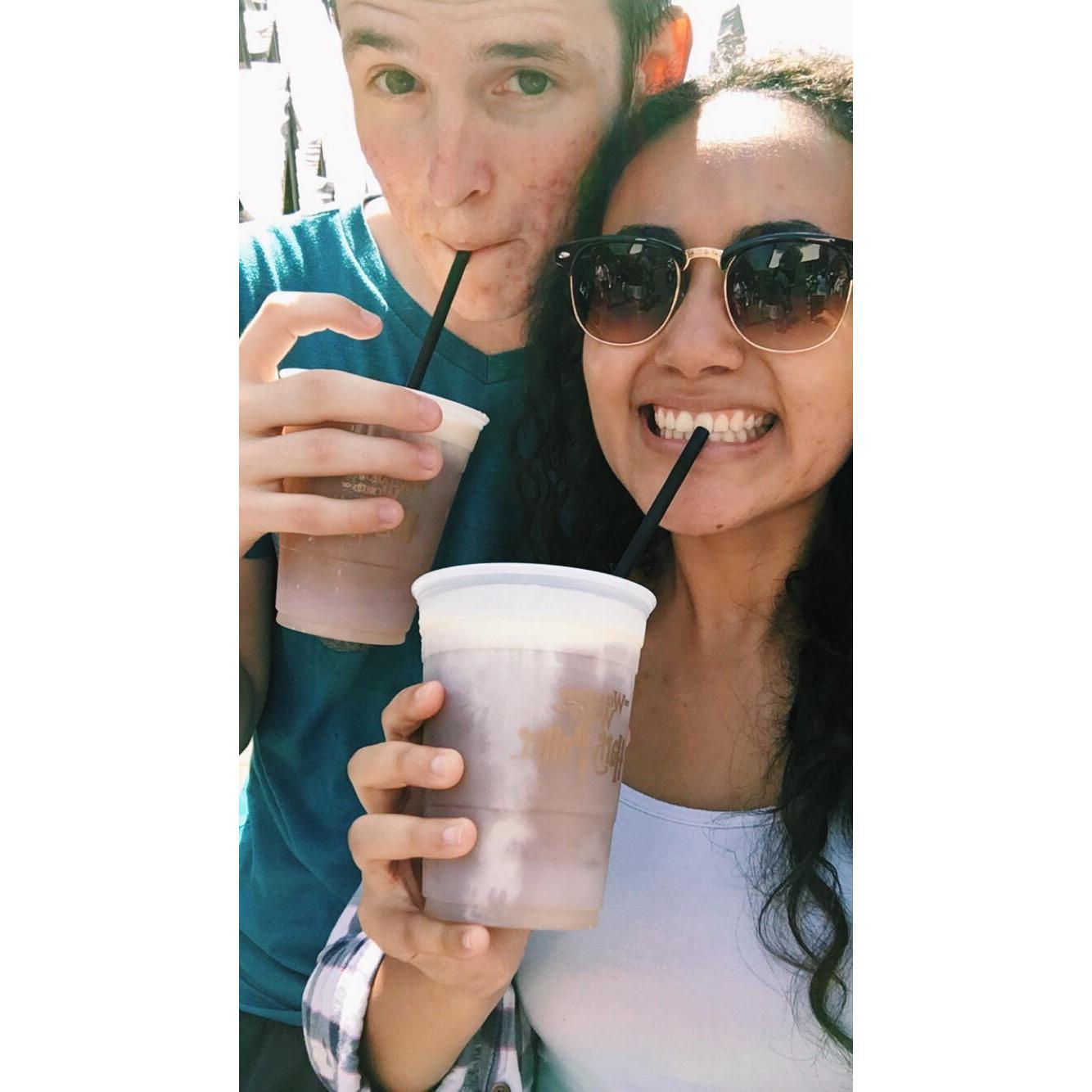 Enjoying Butter Beer on our first trip together: Universal Studios 7/9/16