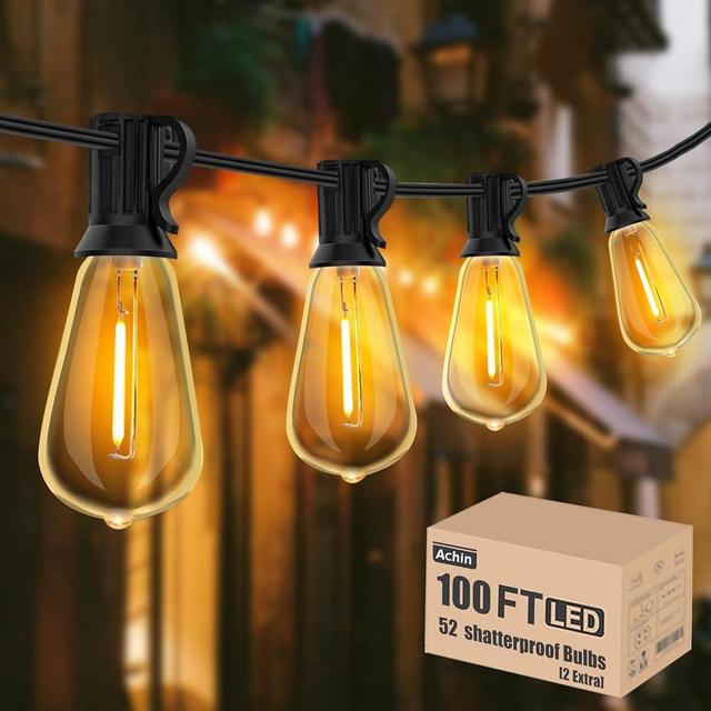 Achin 100FT Outdoor String Lights LED Dimmable Patio Lights String Waterproof with 50+2 Shatterproof Bulbs ST38 Vintage String Lights for Outside Gazebo Bistro Lights, 2200K Warm White