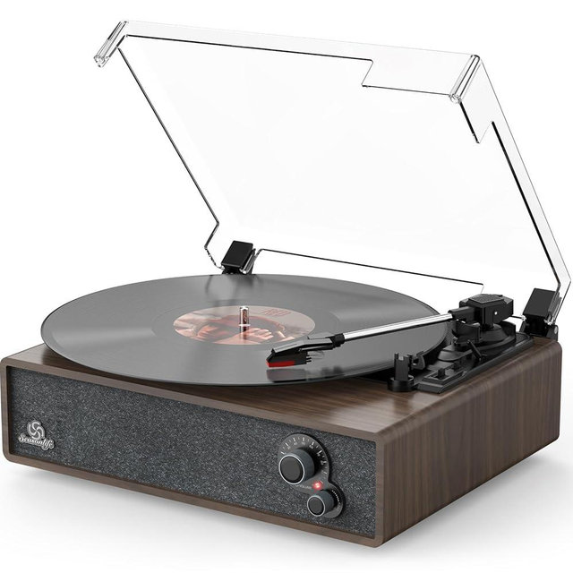 Vinyl Record Player Built-in Stereo Speakers Vintage Turntable for Vinyl Records LP Phonograph Belt Drive 3 Speed 3 Size Wireless Input RCA Output Auto Stop Tone Adjustment Wooden Retro Walnut Brown