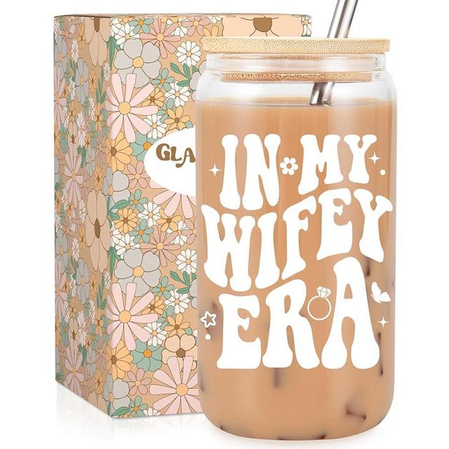Fairy's Gift Wifey Cup, Engagement Gifts for Her, Bride Gifts, 16oz Coffee Glass Cups with Lids Straws - In My Wifey Era - Mothers Day, Bridal Shower, Bachelorette Gifts for Bride, Bride to Be