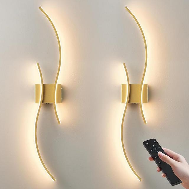 KARTOOSH Battery Operated Wall Sconces Set of Two with Remote Control, Stepless Colors 3000K-6000K & Dimming, LED Gold Wireless Wall Light for Living Room, Hallway, Bedroom, 39.3 Inch (2 Pack)