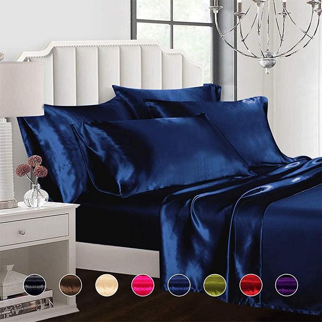 Todd Linens Sexy Satin Sheets 6 Pcs Queen/King Bedding Set 1 Duvet Cover + 1 Fitted Sheet + 4 Pillow Cases (Many Colors) Navy Queen