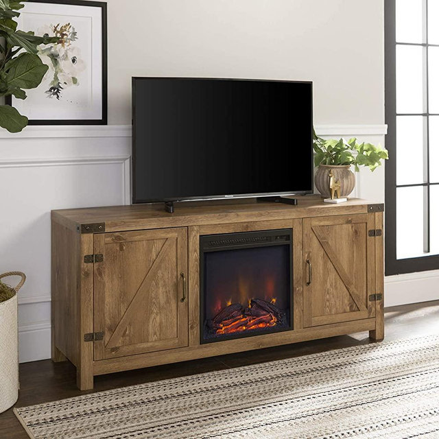 Walker Edison Farmhouse Barn Door Wood Fireplace TV Stand for TV's up to 64" Flat Screen Living Room Storage Cabinet Doors and Shelves Entertainment Center, 58 Inch, Barnwood