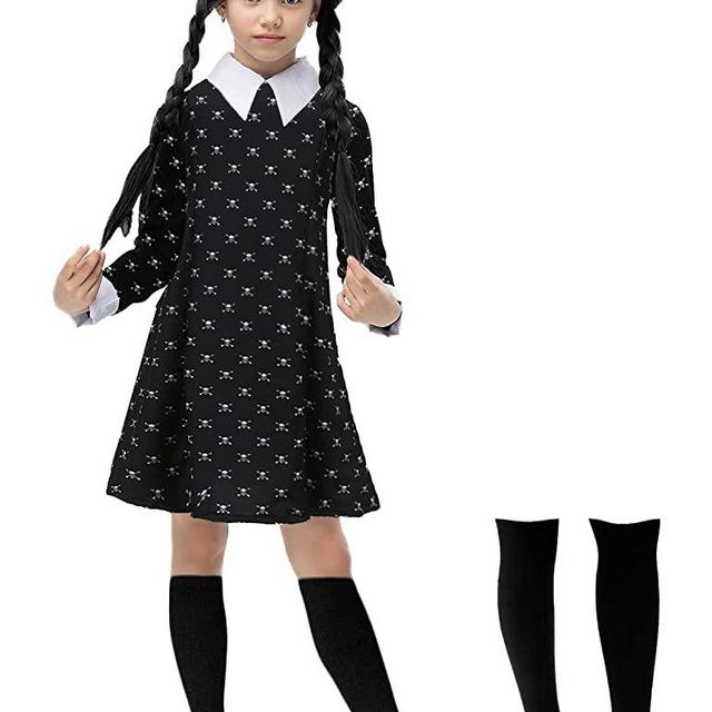 Oumbivil Girls Wednesday Addams Costume Dress Kids Halloween Costumes with High Socks Skull Printed Long Sleeve Pugsley