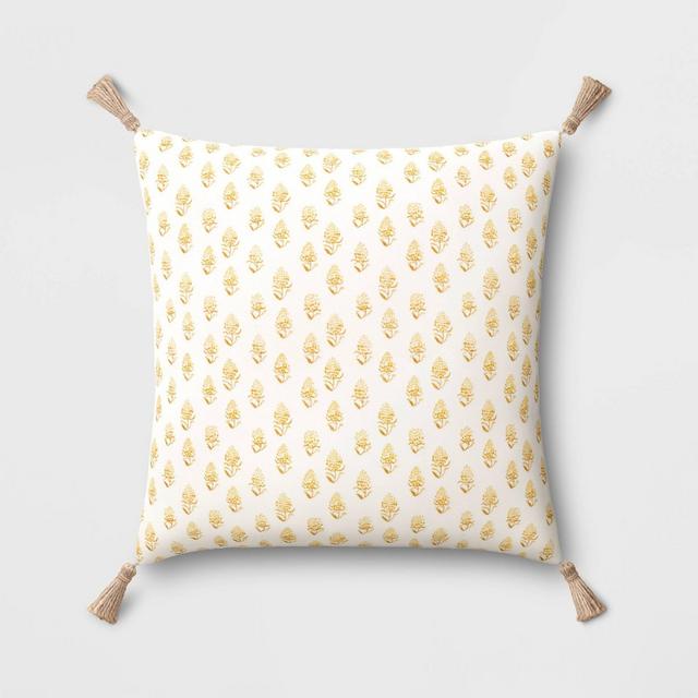 18"x18" Block Printed Square Throw Pillow with Tassels Yellow - Threshold™