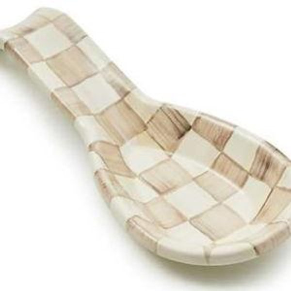 MACKENZIE-CHILDS Enamel Spoon Rest, Kitchen Utensil Rest and Spoon Holder, Kitchen Decor, Brown-and-White Mocha Check