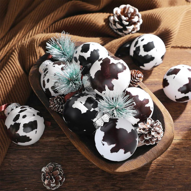 Syhood 12 Pcs Cowhide Printed Christmas Ball Ornaments Plastic Western Cow Ornaments Country Western Party Decorations Rustic Holiday Xmas Baubles for Tree Home Gift (2.36 Inches)