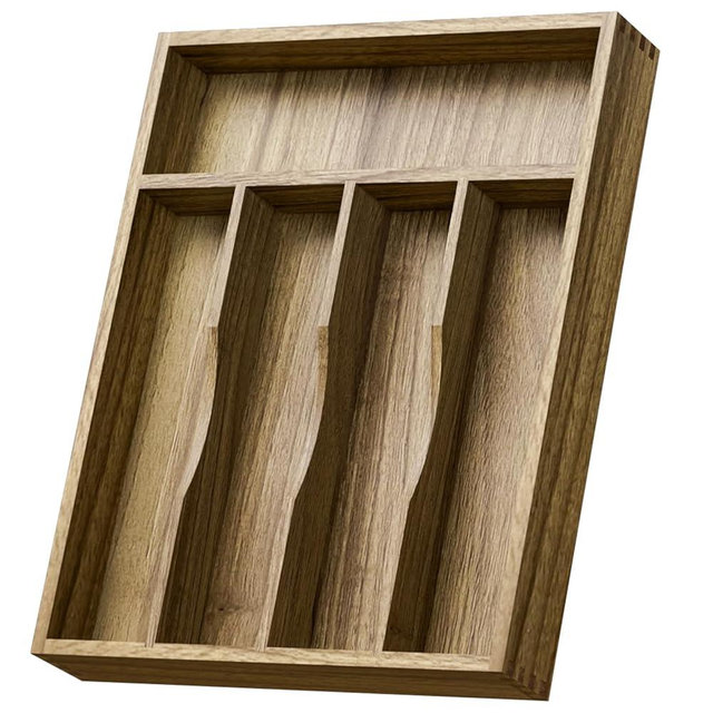 Kiasthome Acacia Wood Silverware Drawer Organizer, Kitchen Utensil Cutlery Drawer Organizer with Grooved Dividers, Flatware Organizer Silverware Tray Holder for Spoon, Fork, 11''x13.8'' (5 Slots)