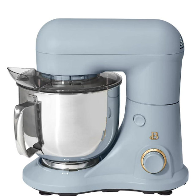 Drew Barrymore 5.3 Qt Stand Mixer, Cornflower Blue with Flat Beater, Dough Hook, Balloon Whisk
