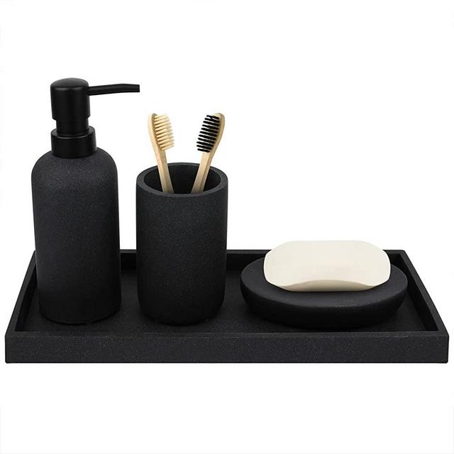 Bathroom Accessory Set-4 Pieces Resin Bathroom Countertop Vanity Accessories Set Vanity Tray Lotion Dispenser/Soap Pump Rinsing Tumbler Cup Soap Dish-Matte Black