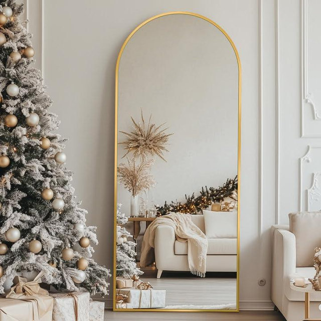 Full Length Mirror, 59"x18" Floor Mirror, Arch Floor Standing Mirror Freestanding Arch Full Body Mirrors with Stand for Bedroom, Hanging Mounted Mirrors for Living Room Cloakroom, Gold