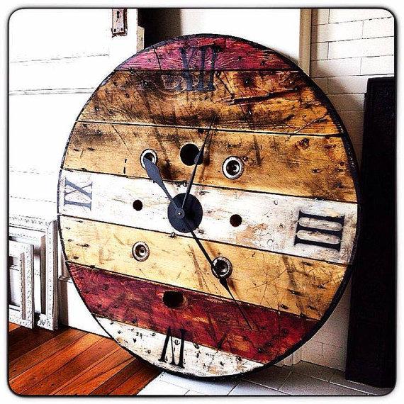 Rustic Wall Clock, Huge Clock, Spool Clock, Rustic Clock, Industrial Clock, Rustic Decor, Oversized Wall Clock