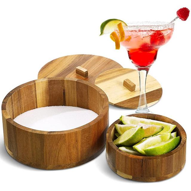 2 Pieces Salt Rimmer Kit Margarita Salt Rimmer With Lid 2 Size Glass Bar Rimmer Bamboo Sugar Salt Box for Cocktails, Drinks