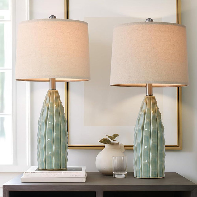USumkky Ceramic Table Lamps Set of 2, 23.75" Modern Farmhouse Bedside Lamp - Green Nightstand Lamps for Bedroom, Boho Living Room End Tables, Small Office Desk Lamp Decor
