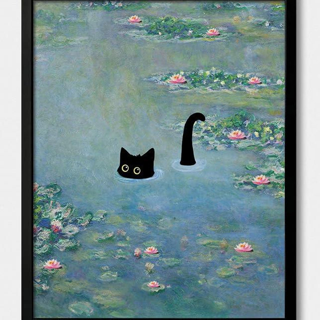 Hamduker Funny Black Cat Wall Art, Monet Art Water Lily Cat Wall Art Decor, Preppy Aesthetic Cat Posters for Bedroom Bathroom Living Room (Size: 16''x20''x1pcs)