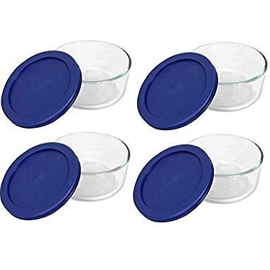 Pyrex Storage 2 Cup Round Dish, Clear with Blue Lid, Pack of 4 Containers