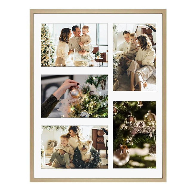 Golden State Art, 4x6 Aluminum Collage Frame, Displays 6x4 Pictures With 5 Openings Mat or One 11x14 Photo, Real Glass, Portrait/Landscape Wall Display, Gold, 1 Pack