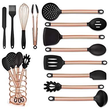 MIBOTE Kitchen Utensils Set with Holder, Silicone Cooking Kitchen Utensils Set with Stainless Steel Handle - Copper