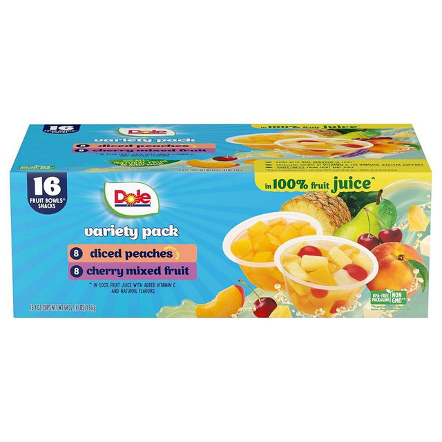 Dole Diced Peaches and Cherry Mixed Fruit in 100% Juice Variety Pack - Dole Fruit Bowls Snacks - 4 oz Bowls - 16 Pack