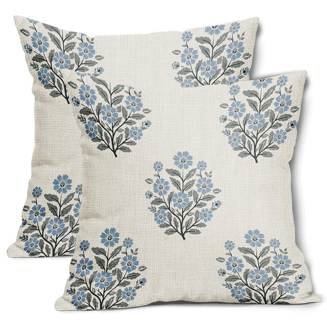 AmplePisce Blue Floral Pillow Covers 16x16 Inch Set of 2 Flower Block Print Cotton Linen Decorative Throw Pillow Case Grandmillennial Cushion Covers for Bedroom Sofa Living Room Chair