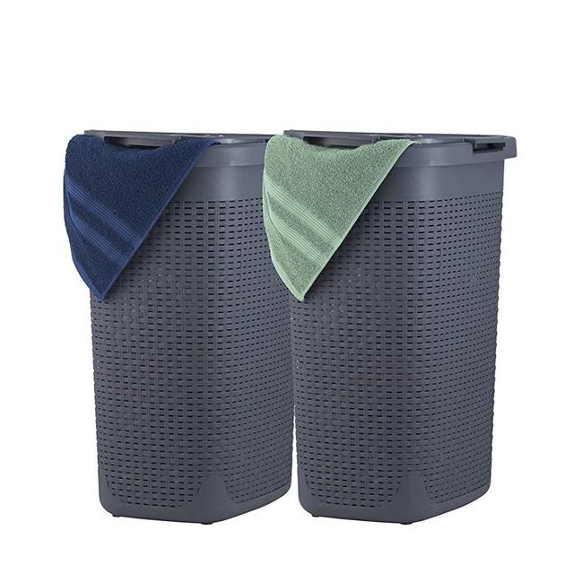 Superio Laundry Hamper with Lid 60 Liter Grey (2 Pack) Plastic Wicker Large Hampers Basket with Cutout Handles, Deluxe Bin to Storage Dirty Cloths in Washroom Bathroom
