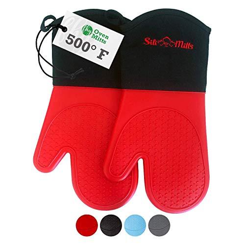 Oven Mitts Heat Resistant 500 Degrees - 2 Extra Long Silicone Oven Mitt Pot Holders - Food Safe Oven Gloves - BPA Free and FDA Approved - Soft Inner Lining - Red