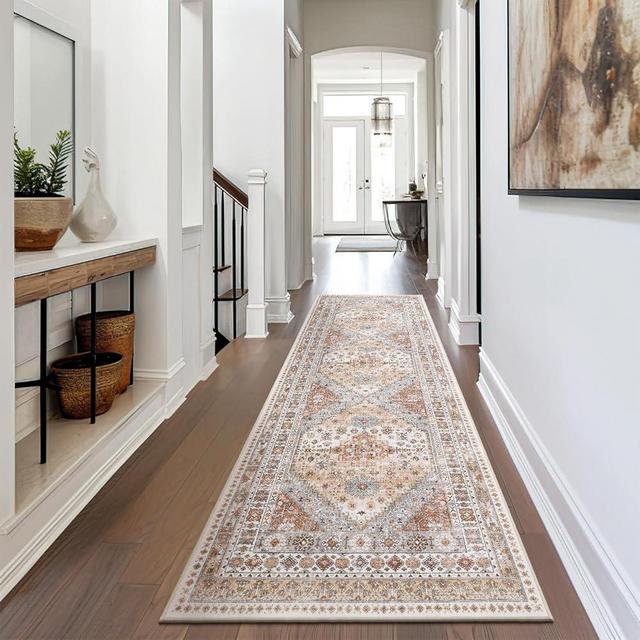 Restydon Runner Rug 2x8, Ultra-Thin Kitchen Rugs Non Slip Washable Rugs for Entryway Rug, Runners for Hallways, Low Pile Vintage Soft Hallway Runner, Kitchen Runner for Bedroom (Orange,2'x8')