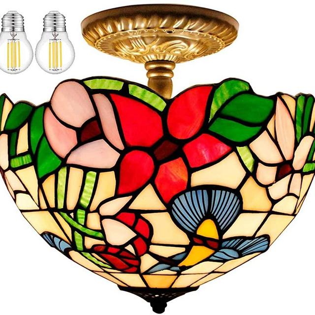 Tiffany Ceiling Light Fixture Semi Flush Mount 12" Stained Glass Hummingbirds Shade Close to Dome Cover Island Boho Hanging Lamp Decor Bedroom Kitchen Dining Living Room Entry Foyer Hallway WERFACTORY