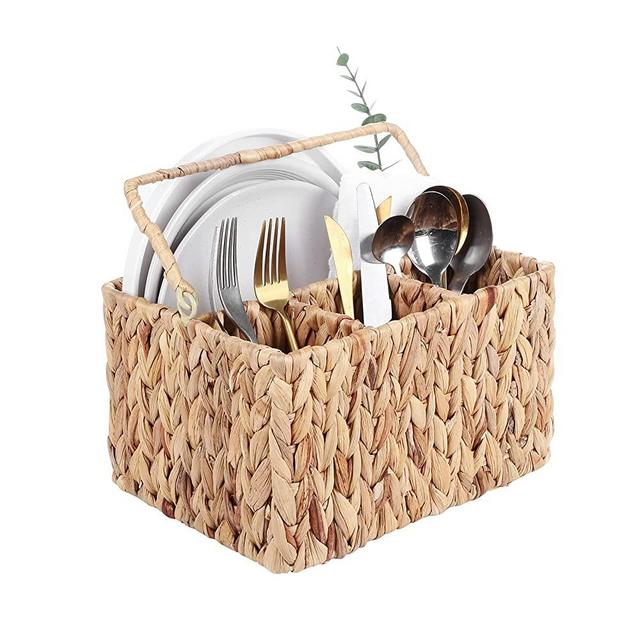 Vastarsky Utensil Caddy, Water Hyacinth Silverware Holder with 4 Compartments, Cutlery Caddy for Forks, Spoons, Etc, Hand Woven Utensils Holder Perfect for Table, Kitchen, Countertop, Party, Camping