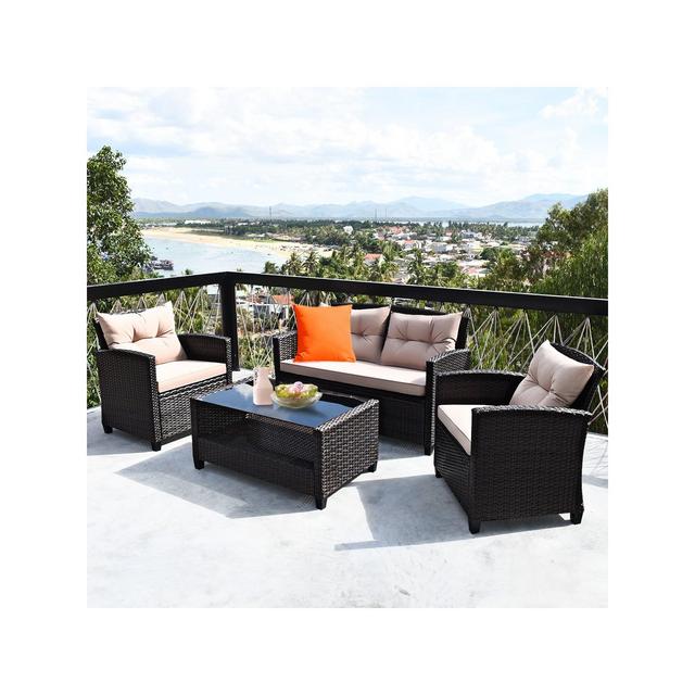 Costway 4PCS Outdoor Rattan Furniture Set Cushioned Sofa Armrest Table